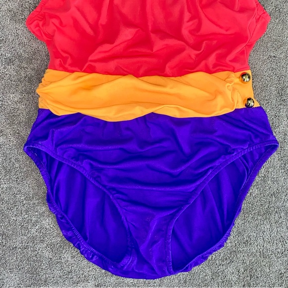 L 12 VTG Le Cove 90’s Neon Colorblock Low Back One Piece Ruched Swimsuit - Picture 5 of 12